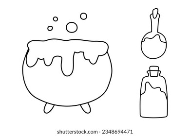 Steel cauldron with boiling magic potion and jar of potion isolated on white background. 