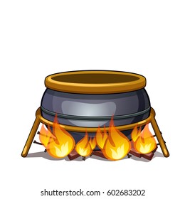 Steel cauldron with fire isolated on white background. Vector cartoon close-up illustration.

