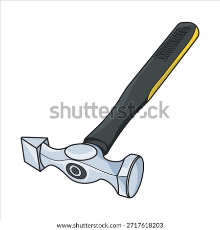 Steel chipping hammer vector art with a textured rubber grip for maximum comfort during welding and metal fabrication. Featuring a sharp pointed end and a flat head for slag removal. An essential graphic for industrial maintenance and professional welding workshops.