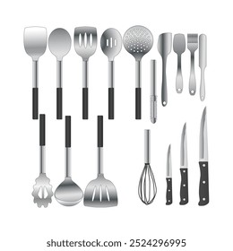 Steel chrom plated Kitchen Cooking Utensile Set Illustration white background