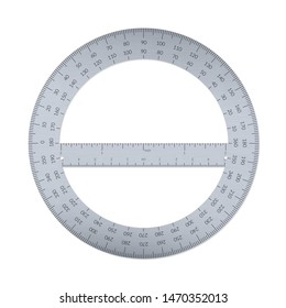 Steel circular protractor with a ruler in metric and imperial units.
