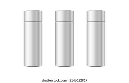 Steel closed hairspray bottle mockup, 3d rendering deodorant, realistic metal spray, vector cosmetic care object, vertical tube, foam design aerosol