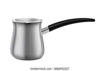 Steel coffee pot. Traditional Turkish cezve coffee brewing kitchen utensils. Realistic 3d vector illustration, isolated on white background