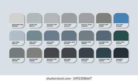 Paleta de colores de acero, Paleta de guías de colores gris de acero con nombres de colores. Muestras de Catálogo gris acero con códigos y nombres RGB HEX. Vector de la paleta de los Colores del acero de plata, paleta del color plateada de la moda