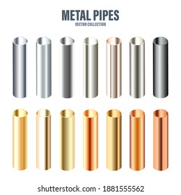 Steel and copper pipes collection. Construction material. Polished metal texture. Silver gradient. Vector illustration.