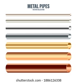 Steel and copper pipes collection. Construction material. Polished metal texture. Silver gradient. Vector illustration.