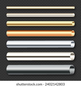 Steel and copper pipes collection. Construction material, pipeline. Industry and engineering. Polished metal texture with silver gradient. Vector illustration