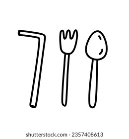 Steel cutlery - fork, spoon and straw for drinks isolated on white background. Vector hand-drawn illustration in doodle style. Perfect for decorations, logo.