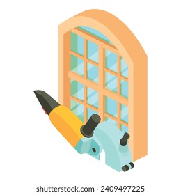 Steel cutting icon isometric vector. Steel cut off machine and large window icon. Construction work