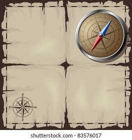 Steel detailed compass over old map. Vector EPS10.