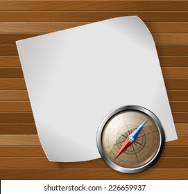 Steel detailed compass and white paper sheet over wooden background. Vector illustration.