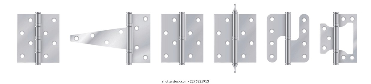Steel door hinges in realistic style. Set of various metallic mortise equipment for adjustable fixing aperture isolated on white. vector illustration