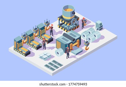 Steel Factory. Foundry Metallurgy Processes In Factory Interior Isometric Workers Vector