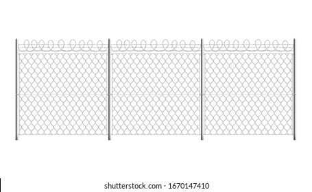 Steel fence with chain links and barbed wire on top realistic vector illustration isolated on white background. Prison and military buildings security barrier mockup.