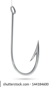 Steel fishhook isolated on white background realistic vector illustration.