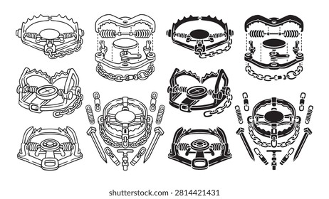 Steel foothold traps outline outline and solid icon set. Wildlife trap mechanisms hand drawn and silhouette elements. Spring animal traps doodle and filled illustration pack.