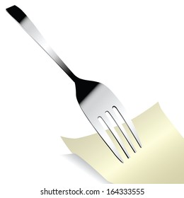 Steel fork with a sticker for notes. Vector illustration.