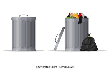 Steel garbage bin full of trash and container with closed lid. Trash can with rubbish isolated on white background. Wheelie bin and trash bag. Scene with pile of waste, Vector illustration