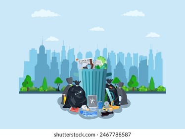 Steel garbage bin full of trash on street with city skyline. Garbage recycling and utilization equipment. Vector illustration in flat style