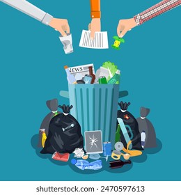 Steel garbage bin full of trash. Overflowing garbage, food, rotten fruit, papers, plastic containers and gloves, paint and glass. Vector illustration in flat style