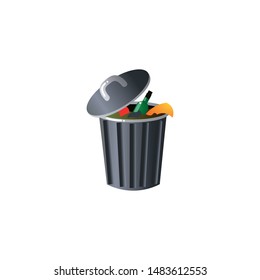 Steel garbage container with trash. Raster illustration in flat cartoon style on white background