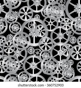 steel gears on a black background, seamless pattern vector illustration