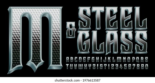 Steel And Glass Is An Ornate 3d Style Alphabet With The Effects Of Stainless Steel And Edges Of Glass. This Font Has A Gothic, Heavy Metal, Or Steampunk Quality, And Would Work Well In Logo Design.