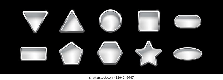 Bandas glosas de acero de diferentes formas geométricas con marcos y brillo de efecto claro conjunto de ilustración vectorial. Medalla de plata de elipse de pentágono hexagonal cuadrada de triángulo rectangular sobre negro.