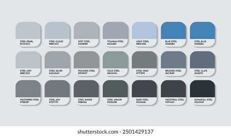 Steel Grey Color Palette, Steel Grey Color Guide Palette mit Farbnamen. Katalog Muster von Metallfarben mit RGB HEX Codes. Deckblatt Aschefarben, Mode Trend Stahl Grau Farbton Palette