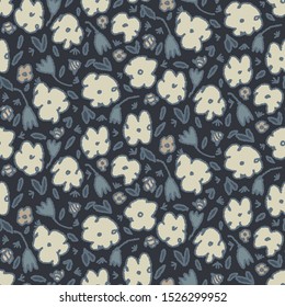 Steel Grey Naive Daisy Bloom Seamless Pattern. Hand Drawn Tossed Floral background. Neutral muted tones. Moody Ditsy Winter Style. All Over Print for Daisies Flower Textile. Vector tile eps10