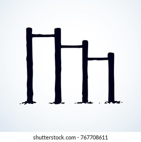 Steel grey tool plank outdoor device isolated on white sky backdrop. Dark ink hand drawn pictogram in art retro contour engraving style. Closeup view with space for text on ground