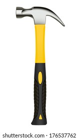 Steel hammer with black and yellow rubber handle, realistic vector illustration.