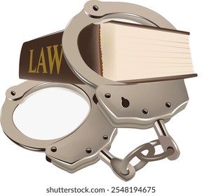 Steel handcuffs holding law book closed, representing crime, arrest, and legal consequences