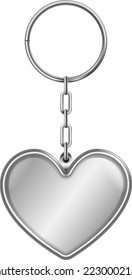 Steel heart trinket. Realistic keychain with metal ring isolated on white background