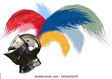 steel helmet, fully face-protecting, medieval helmet with a plume of colored feathers