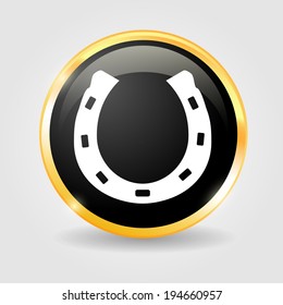 Steel horseshoe on the Black shiny button with metallic elements, vector design for website.