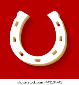 Steel horseshoe sign. White button icon with wood color and shadow on dark red background.