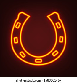 Steel horseshoe sign. Yellow, orange, red neon icon at dark reddish background. Illumination. Illustration.