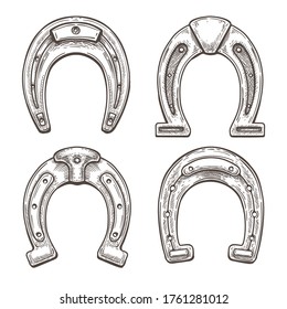 Steel horseshoes. Traditional lucky talismans set from horseshoe, hoofs horses scetch, hand drawn western elements, vector illustration isolated on white background