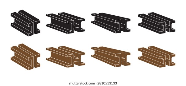 Steel I-beam construction elements. Metal girder profiles for building. Industrial structural support.