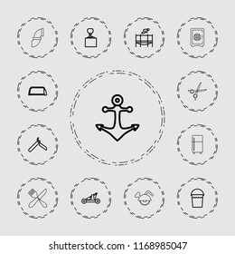 Steel icon. collection of 13 steel outline icons such as bllade razor, bucket, hook with cargo, hacksaw, trampoline, anchor, catapult. editable steel icons for web and mobile.