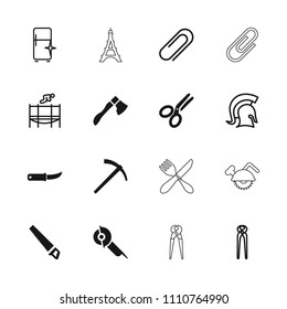 Steel icon. collection of 16 steel filled and outline icons such as electric saw, gardening knife, scissors, hammer, clean fridge. editable steel icons for web and mobile.