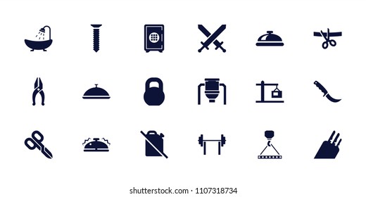 Steel icon. collection of 18 steel filled icons such as dish, shower, hook with cargo, barbell, construction  crane, bell, knife. editable steel icons for web and mobile.
