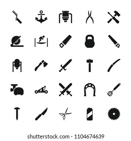 Steel icon. collection of 25 steel filled icons such as tank, saw, blade saw, nail, garden hammer, gardening knife, barbell. editable steel icons for web and mobile.