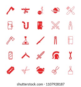 Steel icon. collection of 25 steel filled and outline icons such as razor, bllade razor, needle button, clean fridge, wrench. editable steel icons for web and mobile.