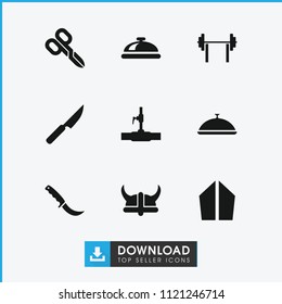 Steel icon. collection of 9 steel filled icons such as dish, water pipe, knife, helmet, barbell, manicure scissors, gardening knife. editable steel icons for web and mobile.