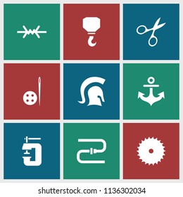 Steel icon. collection of 9 steel filled icons such as manicure scissors, blade saw, hook, knight, wire fence, needle button, pipe. editable steel icons for web and mobile.