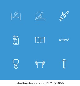 Steel icon. collection of 9 steel outline icons such as nail, hook, vice clamp, barbell, gardening knife, chain saw, gate. editable steel icons for web and mobile.