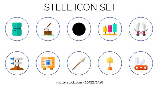 steel icon set. 10 flat steel icons. Included fridge, katana, axe, safe, wrench, spear, threads, shovel, sword, swiss knife icons