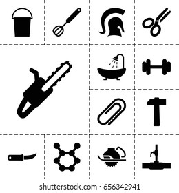 Steel icon. set of 13 filled steelicons such as shower, bucket, electric saw, gardening knife, chain saw, water pipe, barbell, clip, scissors, corolla, hammer, knight